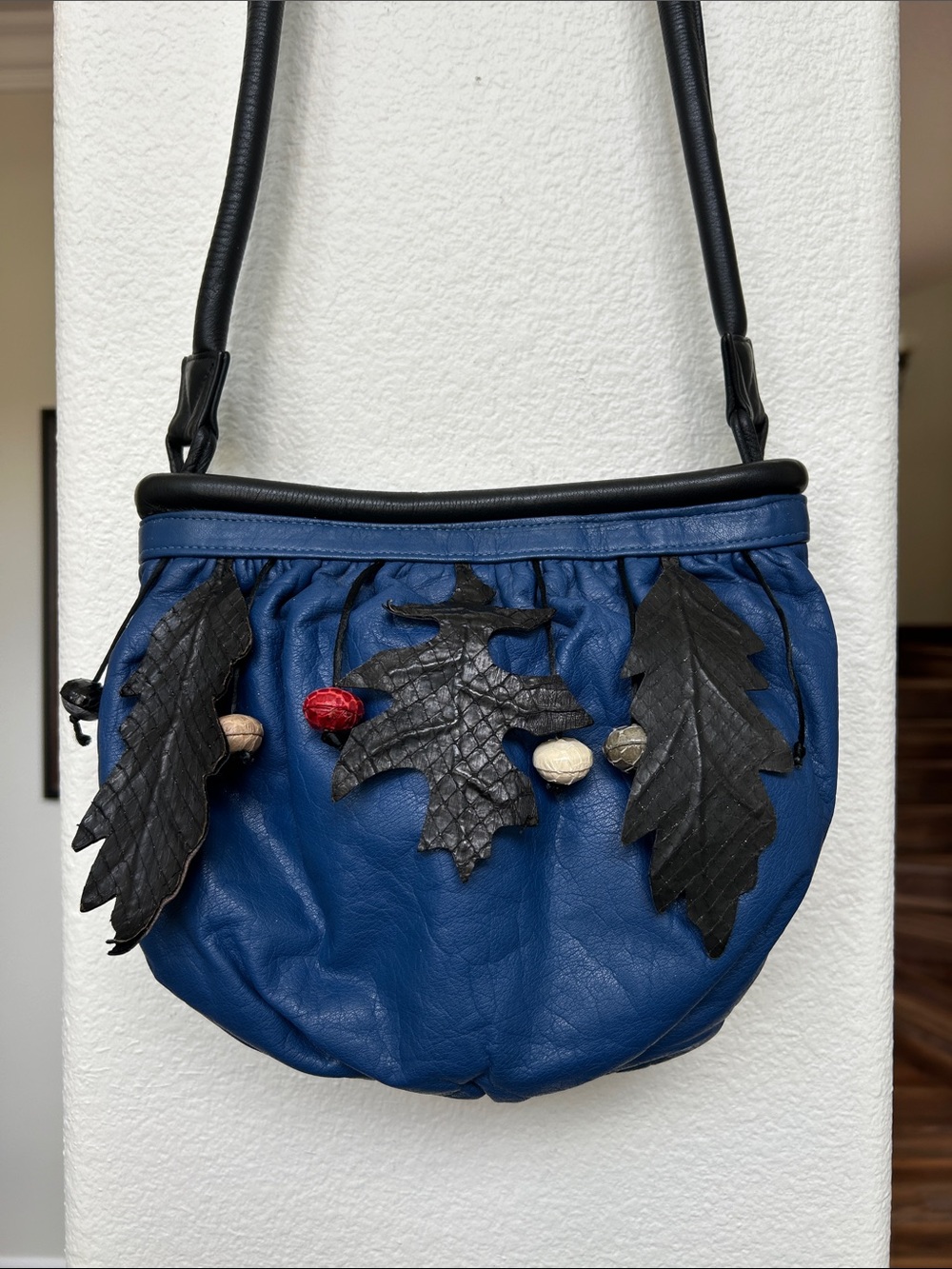 Timmy Woods Blue Leather Shoulder Bag with Black Leaf Appliqués and Accent Beads